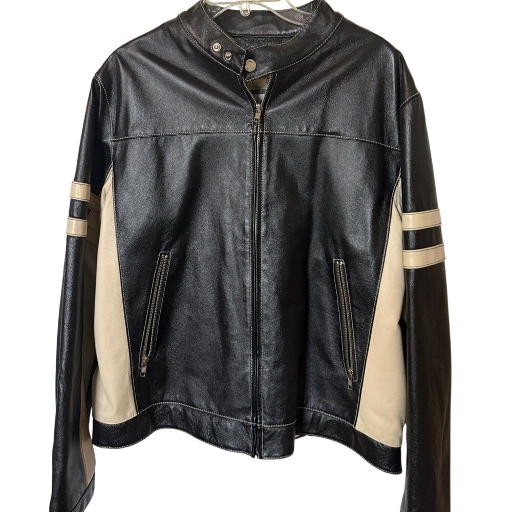 Wilsons Leather M. Julian Mens Black Cream Leather Cafe Racer Moto Jacket Large